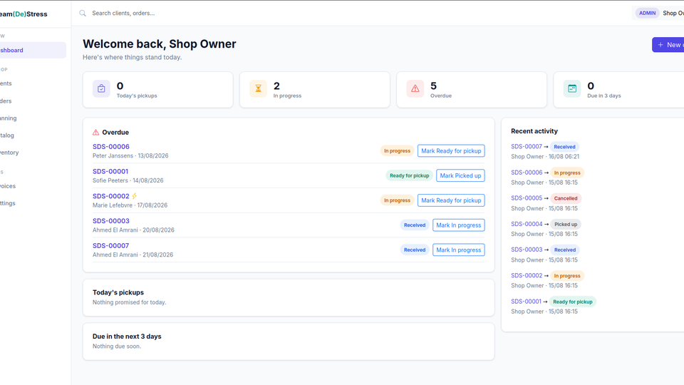 Seam(De)Stress dashboard showing today's pickups, in-progress and overdue orders, and recent shop activity